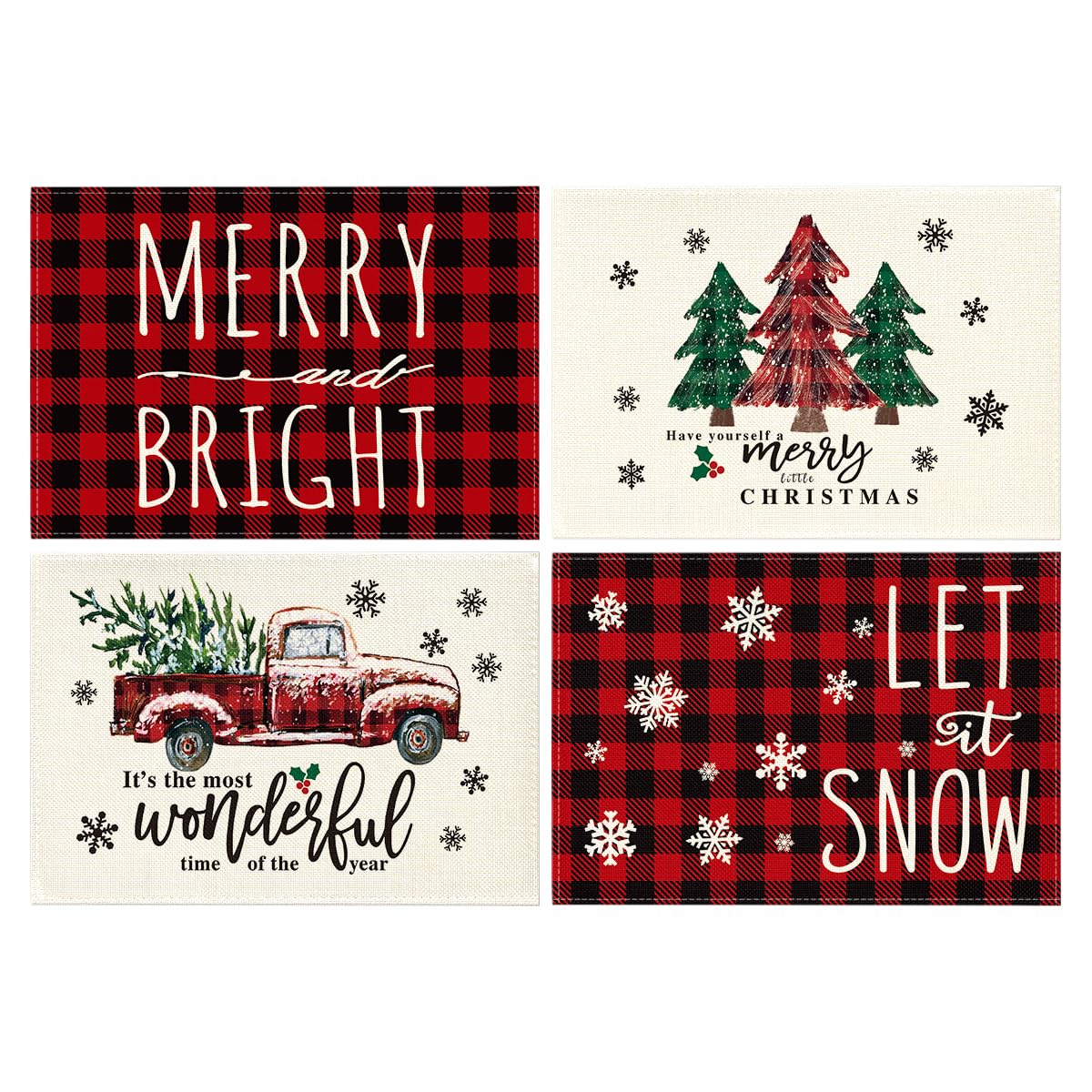 Photo 1 of Artoid Mode Merry and Bright Buffalo Plaid Christmas Placemats for Dining Table, 12 x 18 Inch Seasonal Winter Watercolor Truck Xmas Tree Holiday Rustic Vintage Washable Table Mats Set of 4