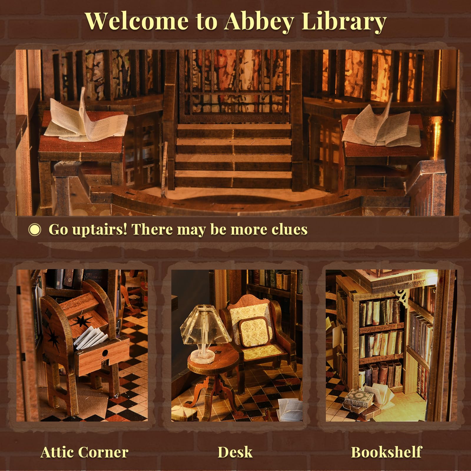Book Nook Kit, DIY Miniature Dollhouse Booknook Kit, 3D Wooden Puzzle Bookend Bookshelf Insert Decor with LED Light for Teens and Adults (Abbey Library)