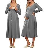 OUGES Cotton Blend Maternity Pajamas Nightgown Button Down Nursing Gown Labor Delivery Breastfeeding Dress with Pockets