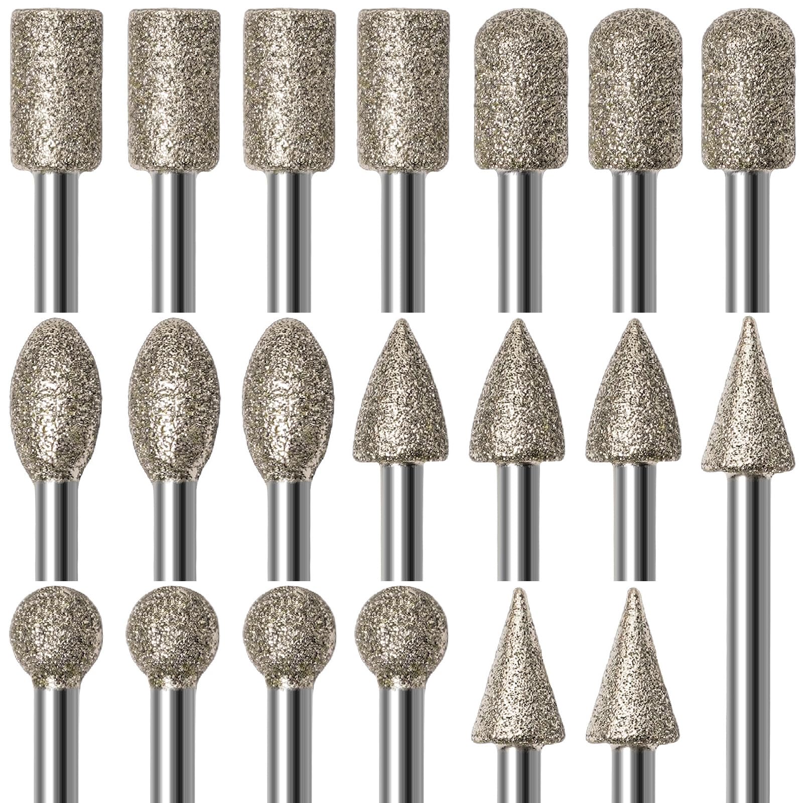Diamond Grinding Bit Set, 20Pcs Stone Carving Tools Diamond Burr Bits Compatible with Dremel Rotary Tool Accessories with 3mm Shank for Stones, Glass, Ceramics Carving, Grinding, Polishing