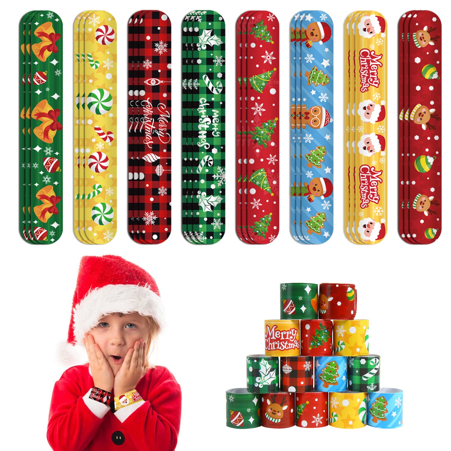 VEYLIN Christmas Snap Bracelets, 48 Kids Slap Bands Wristbands for Xmas Party Gifts Fillers Classroom Prizes