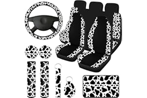 Frienda 13 Pcs Mixed Cow Print Car Seat Cover Full Set for Women Men Print Car Accessories Rubber Steering Wheel Armrest Pad Cover Seat Belt Pads Wrist Holder Keychain, White and Black