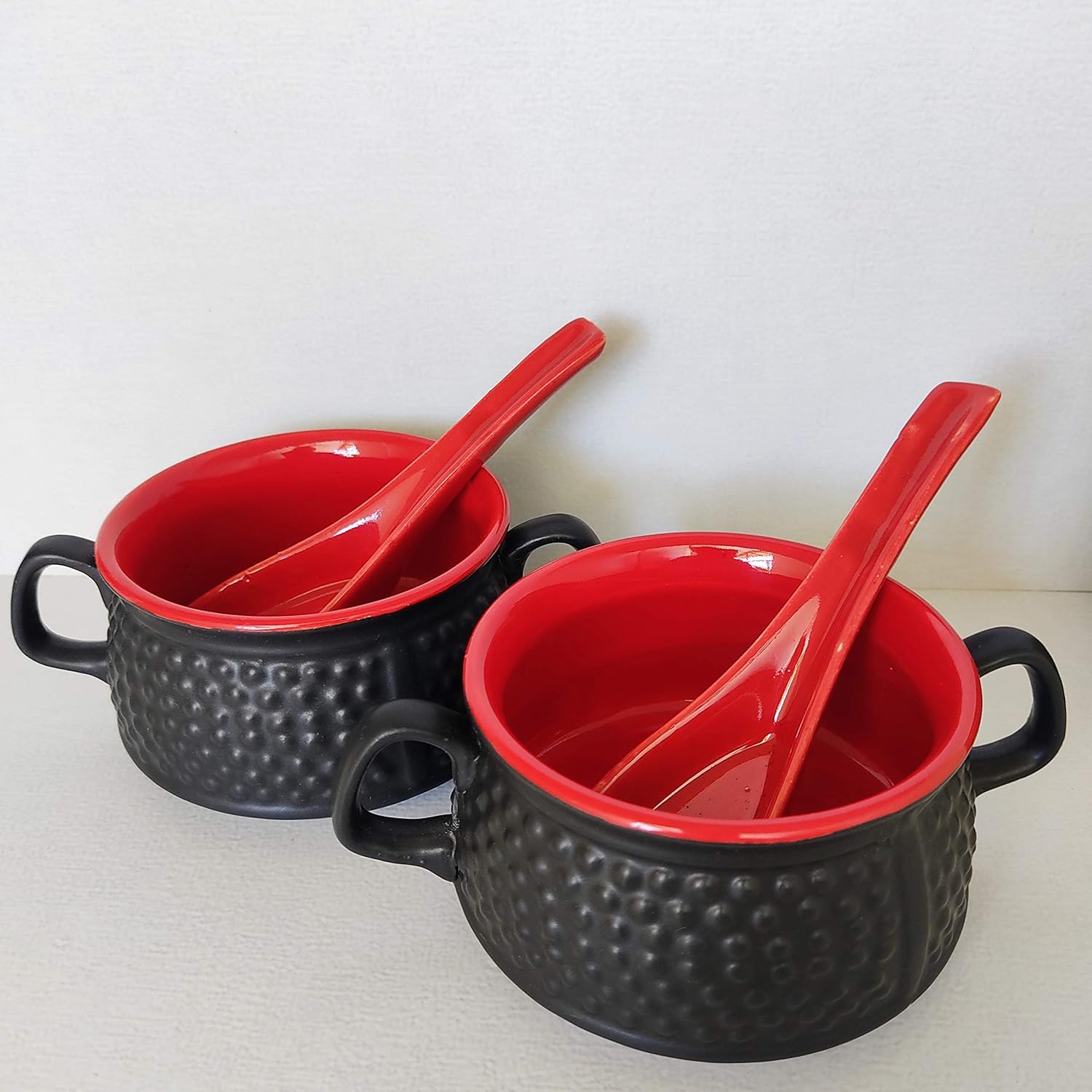 Buy Bamby Ceramic Handmade Black and Red Matte Double Handled Soup Bowl