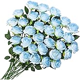 Ovveroche 32 Pcs Ice Blue Artificial Roses Fake Flowers, Silk Flowers with Stems for DIY Wedding Bridal Shower Centerpieces Arrangements Tables Decorations