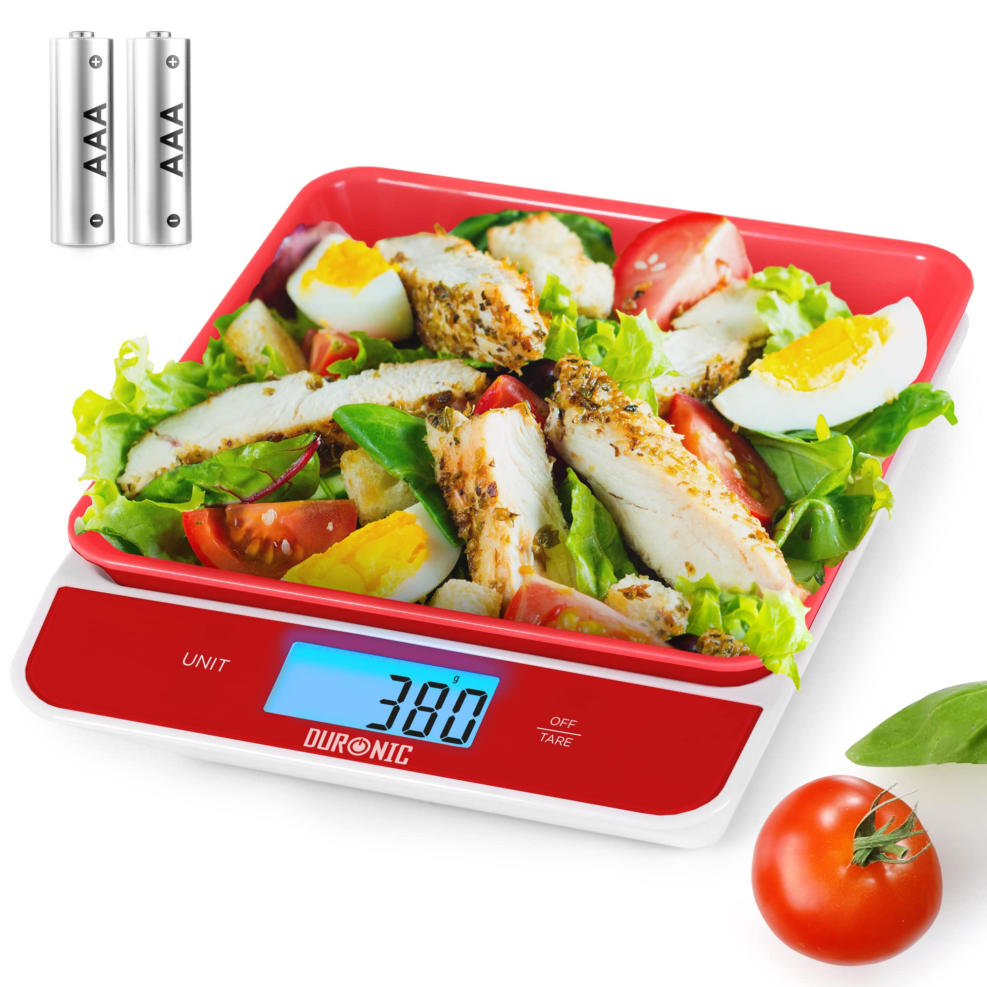 Duronic Digital Kitchen Scales KS100 RD Electronic Kitchen Scale with Bowl Measuring Weighing Scale Red Baking Scale for Cooking Baking Mail Pet Food Measurement Baker Weight Scale, Tare LCD Display