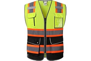 HATAUNKI Class 2 Retro-Reflection Yellow-Black Mesh Safety Vests With 9 Pockets and Front Zipper ANSI/ISEA 107-2015 (Yellow-Black-04,XL)