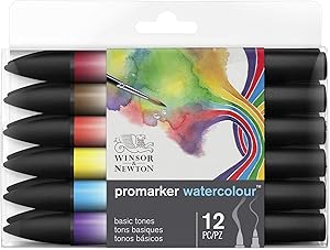 Winsor & Newton Promarker Watercolor Marker, Set of 12, Basic Tones 12 Count