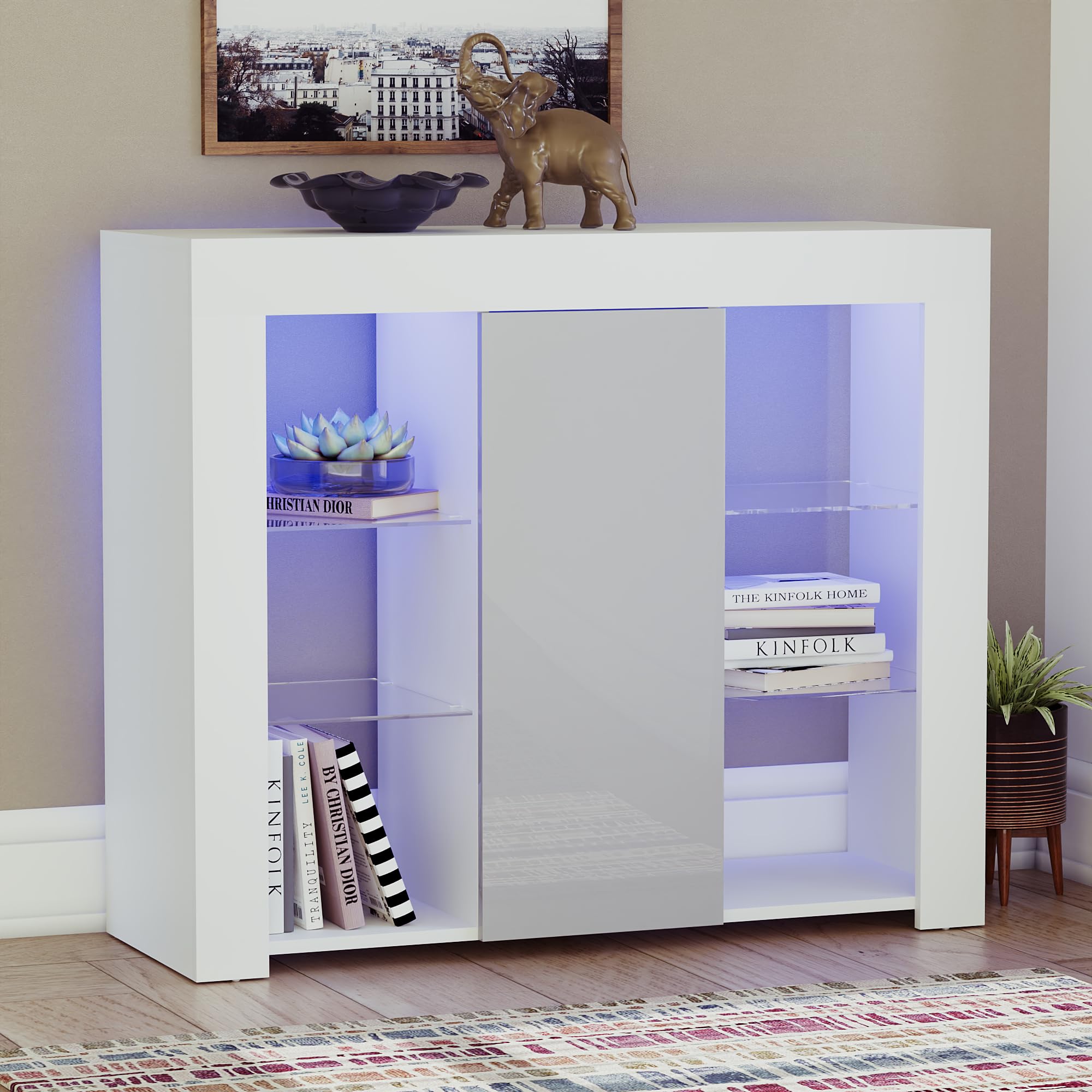 Vida Designs Large Azura 1 Door Modern LED Sideboard in White & Grey, RGB Lights (Fade/Strobe Options Included), High Gloss