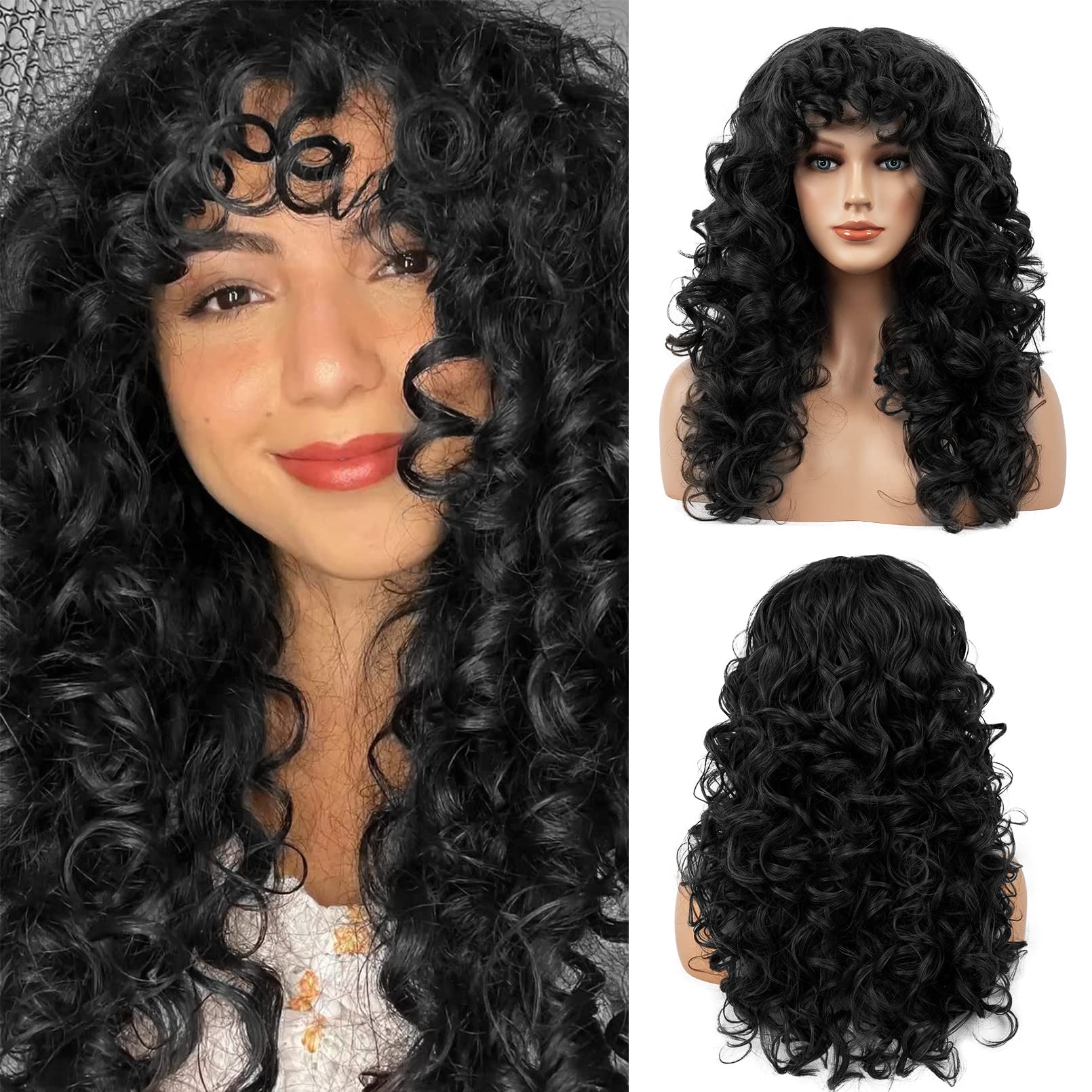 Photo 1 of Flufymooz Curly Wig with Bangs for Women, 20 Inch Natural Black Curly Shag Hair Wig, Kinky Curls with Wispy Bangs Heat Resistant Synthetic Wig for Women?Natural Black?
