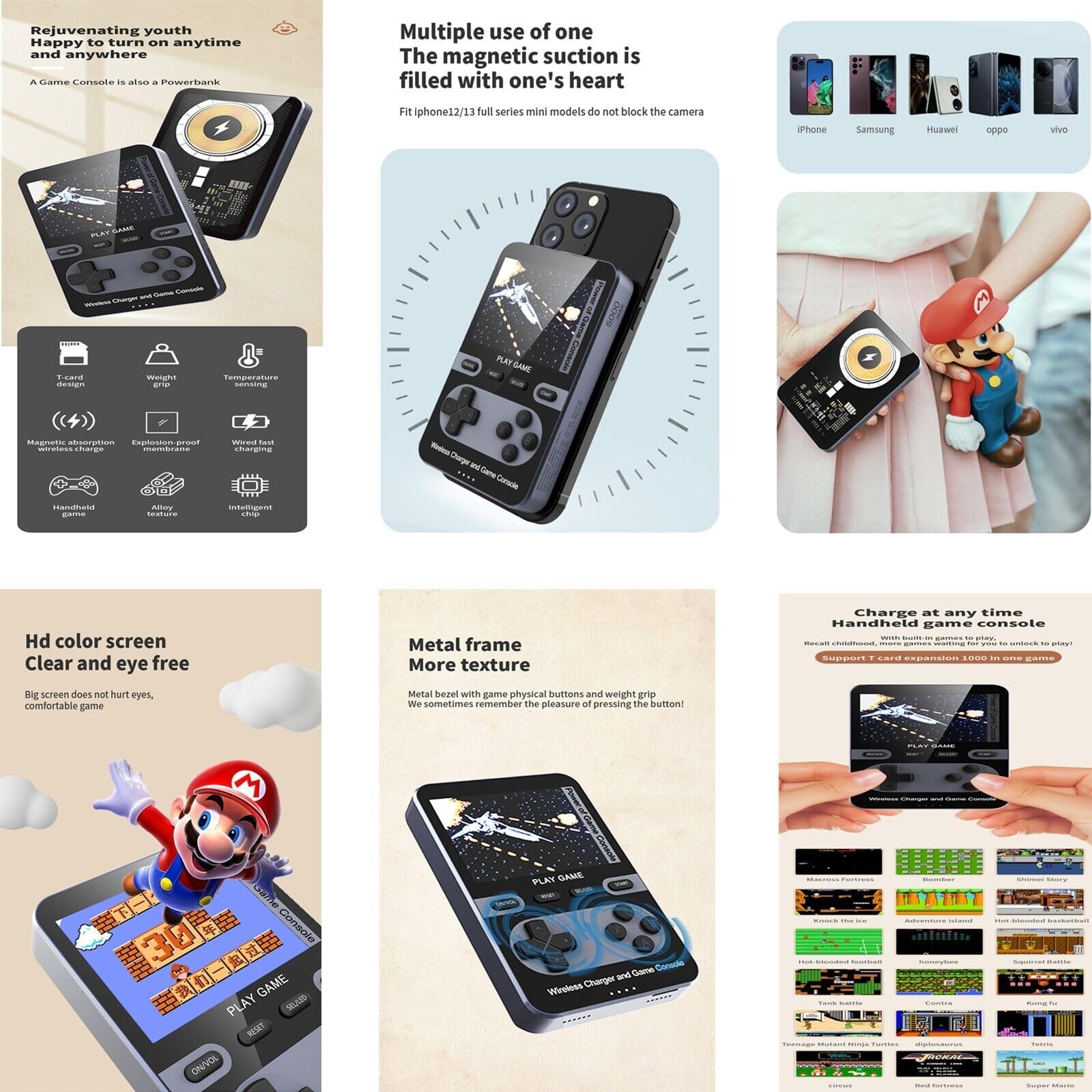 Kastar 2 in 1 Handheld Video Game Console Built-in 500 Classic Mini Games with 5000mAh Battery Pack Magnetic Power Bank Wireless Charger Max 15W【Color: Blue】