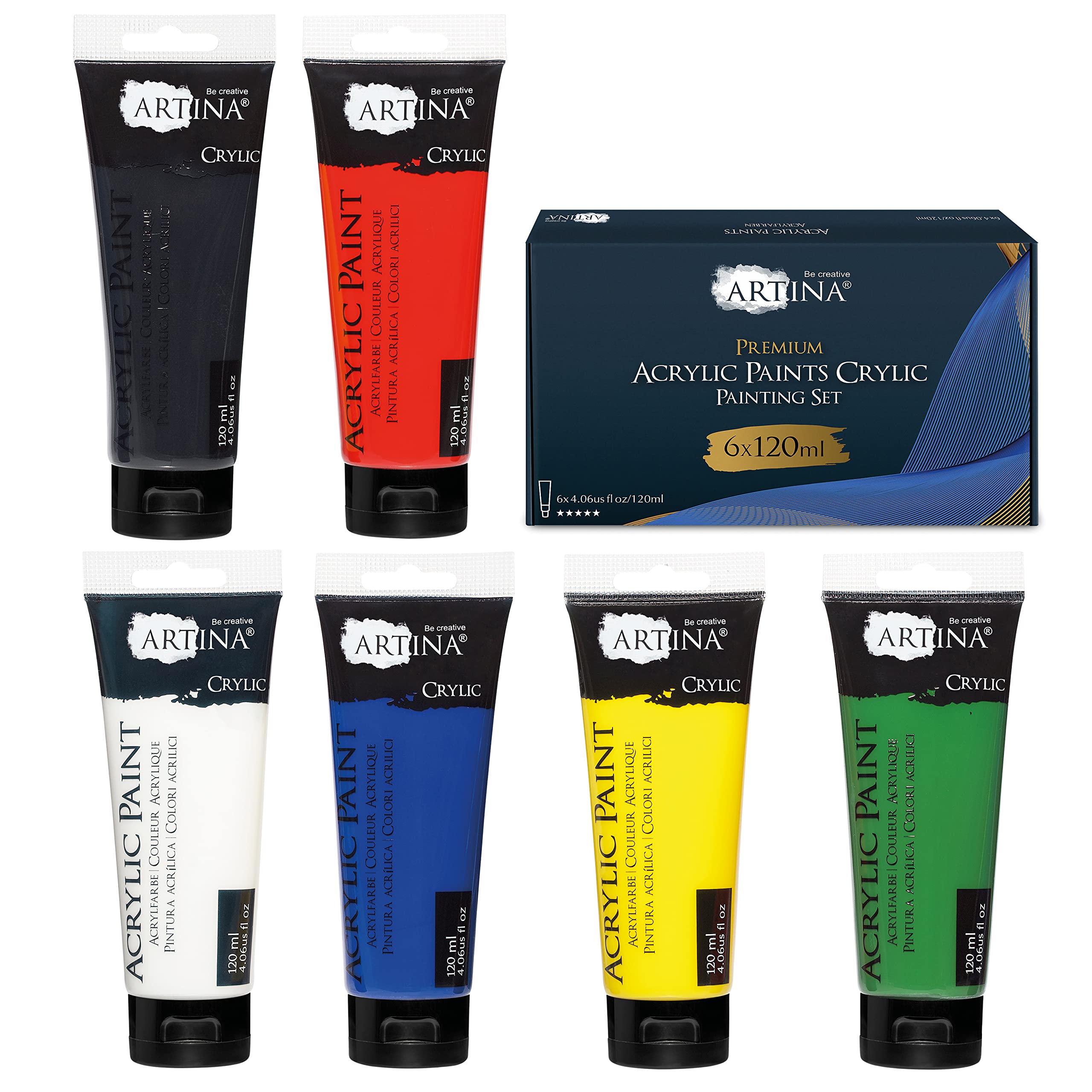Artina 6pcs Acrylic Paints Set 120ml Crylic – 6x120ml Professional Colours for Painting - Highly Pigmented, Luminous & Quick-Drying Paints – Waterproof & High Coverage
