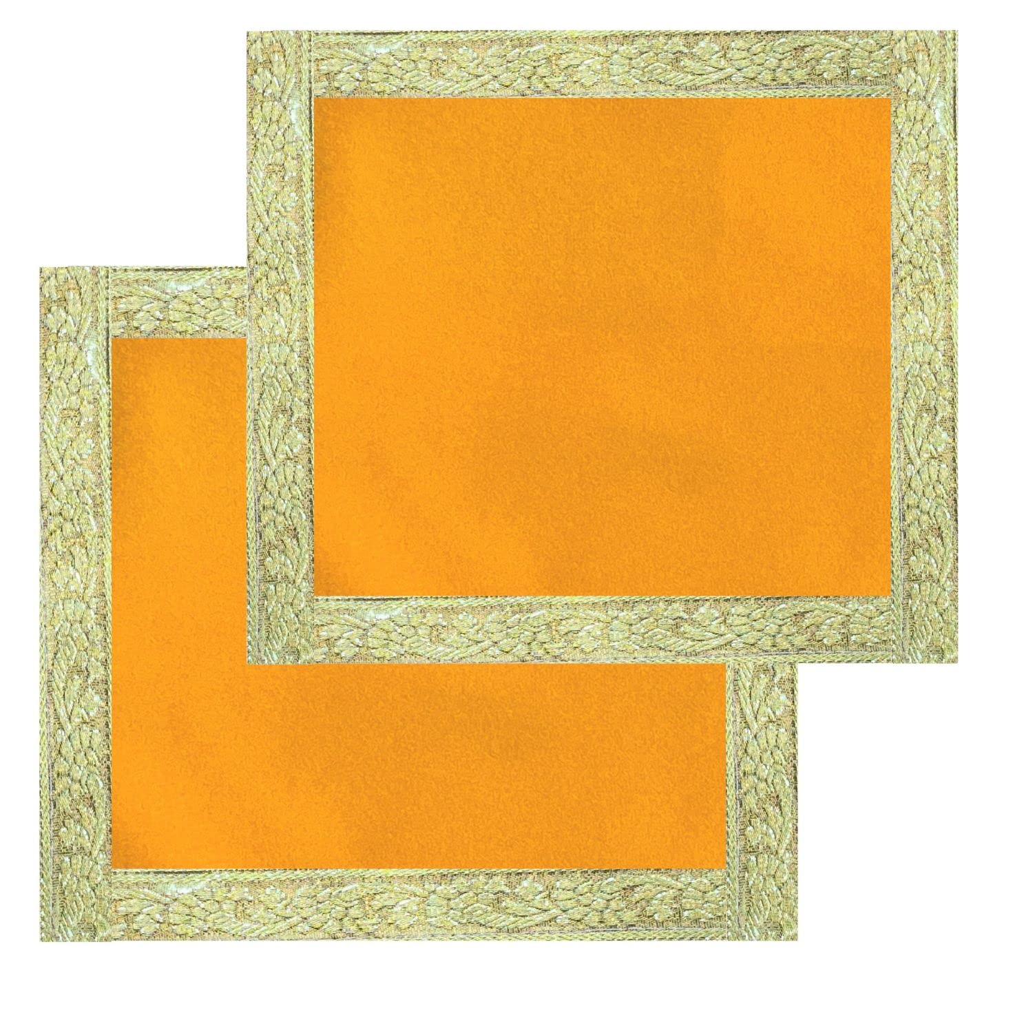 NAISHA Turmeric Yellow Pooja Aasan Mat Set of 2, 14" X 14" Velvet Puja/Altar Cloth Mandir, Multipurpose Pooja Decorations Keeping Accessories of Temple, Chowki, Slab Article