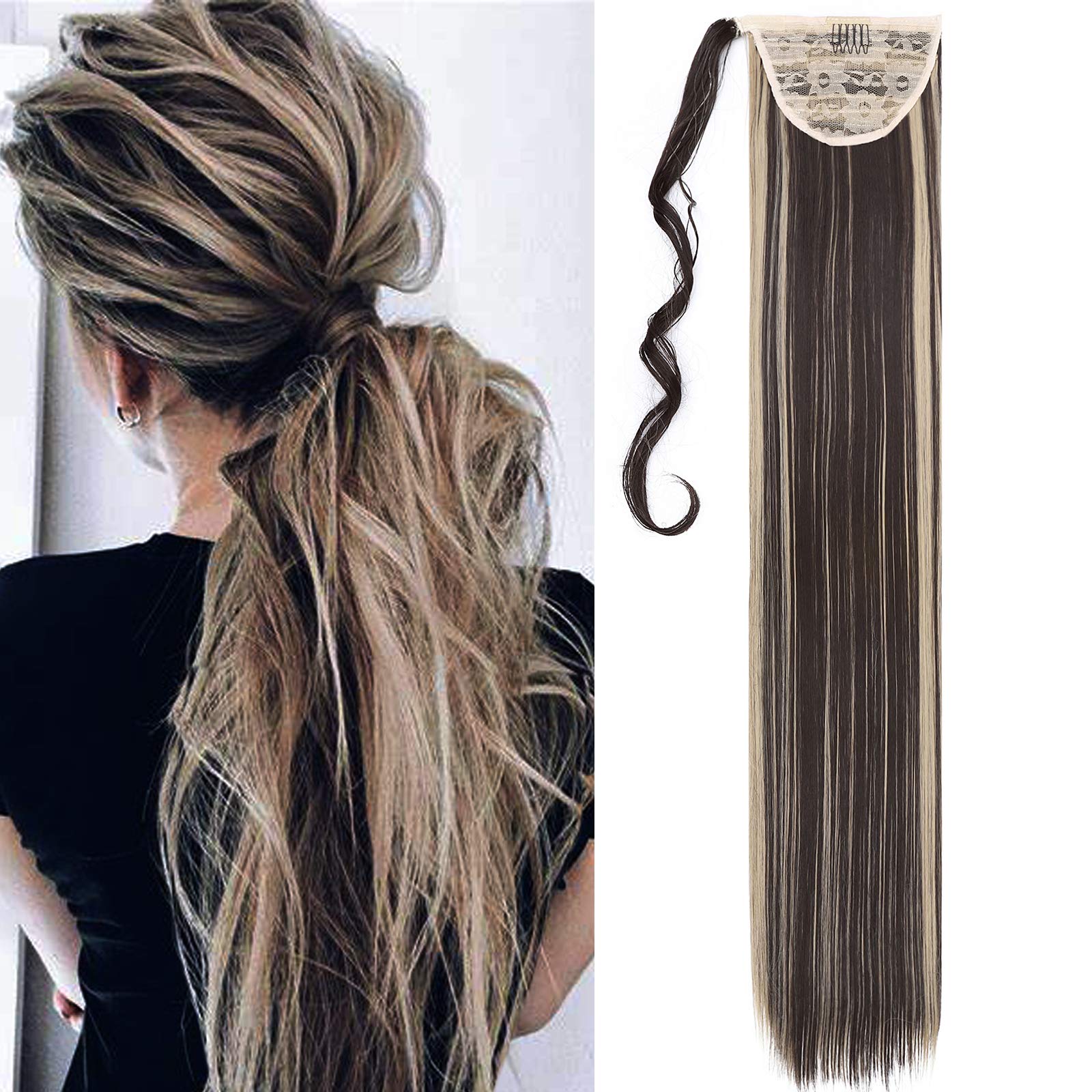 32" Straight Wrap Around Ponytail Clip In Hair Extensions Silky One Piece Long Hairpiece For Women Beauty - Dark Brown & Ash Blonde