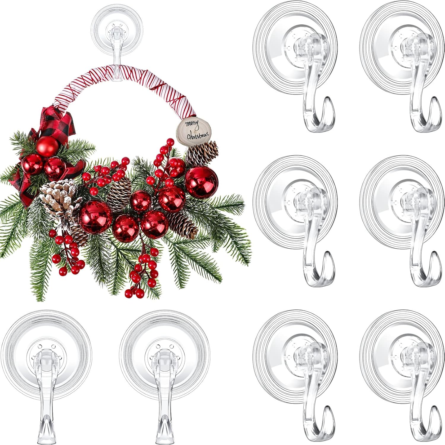 Wreath Hangers - 8 Packs Christmas Wreath Suction Cup Hooks Wreath Hanger Suction Cup Heavy Duty Reusable Suction Cups Large Clear Suction Wreath Hanger for Glass Door Window Hanger