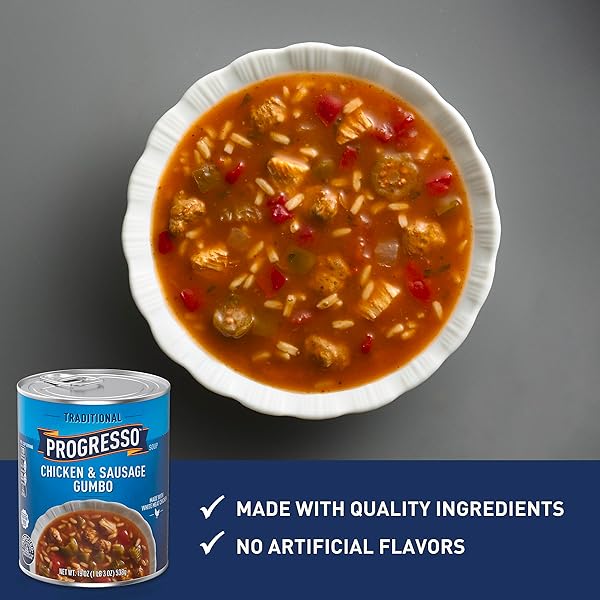 PROGRESSO TRADITIONAL, CHICKEN & SAUSAGE GUMBO CANNED SOUP, GLUTEN FREE, 19 OZ.