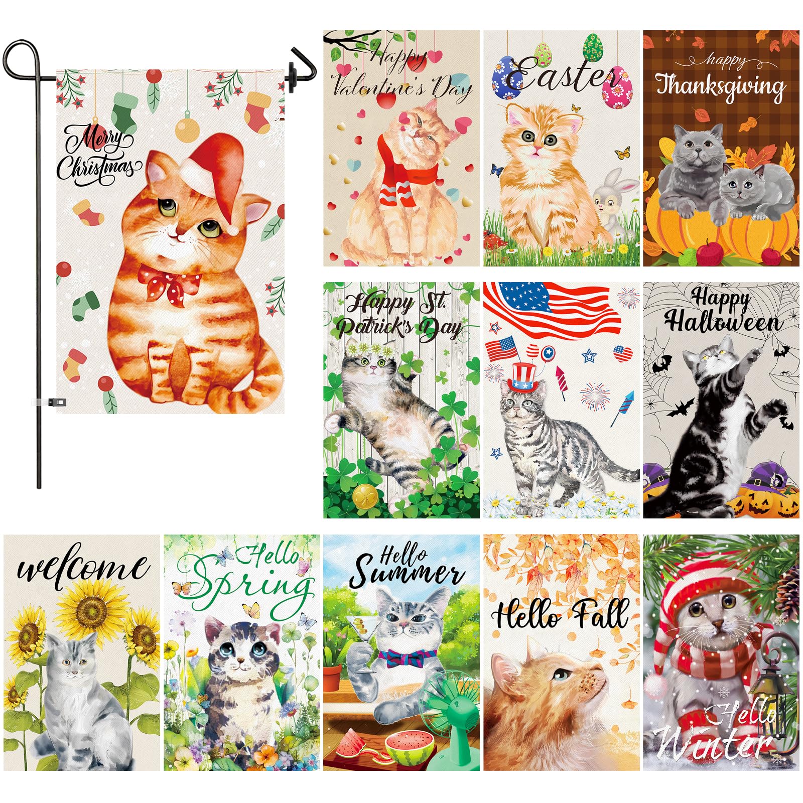 Photo 1 of 12PCS Seasonal Cat Garden Flags, Kalolary Double Sided Halloween Christmas Yard Flags Cute Animal Outdoor Flags Decoration 12 x 18” Fall Winter Holiday Garden Flag for All Seasons Outside (Cat Theme)