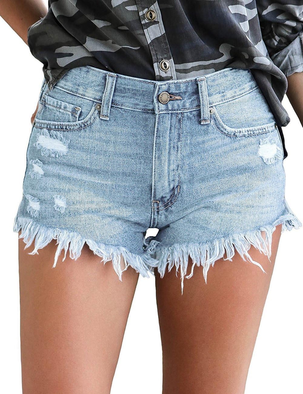 RoskikyWomen's Mid Rise Shorts Stretch Frayed Ripped Raw Hem Denim Jean Shorts
