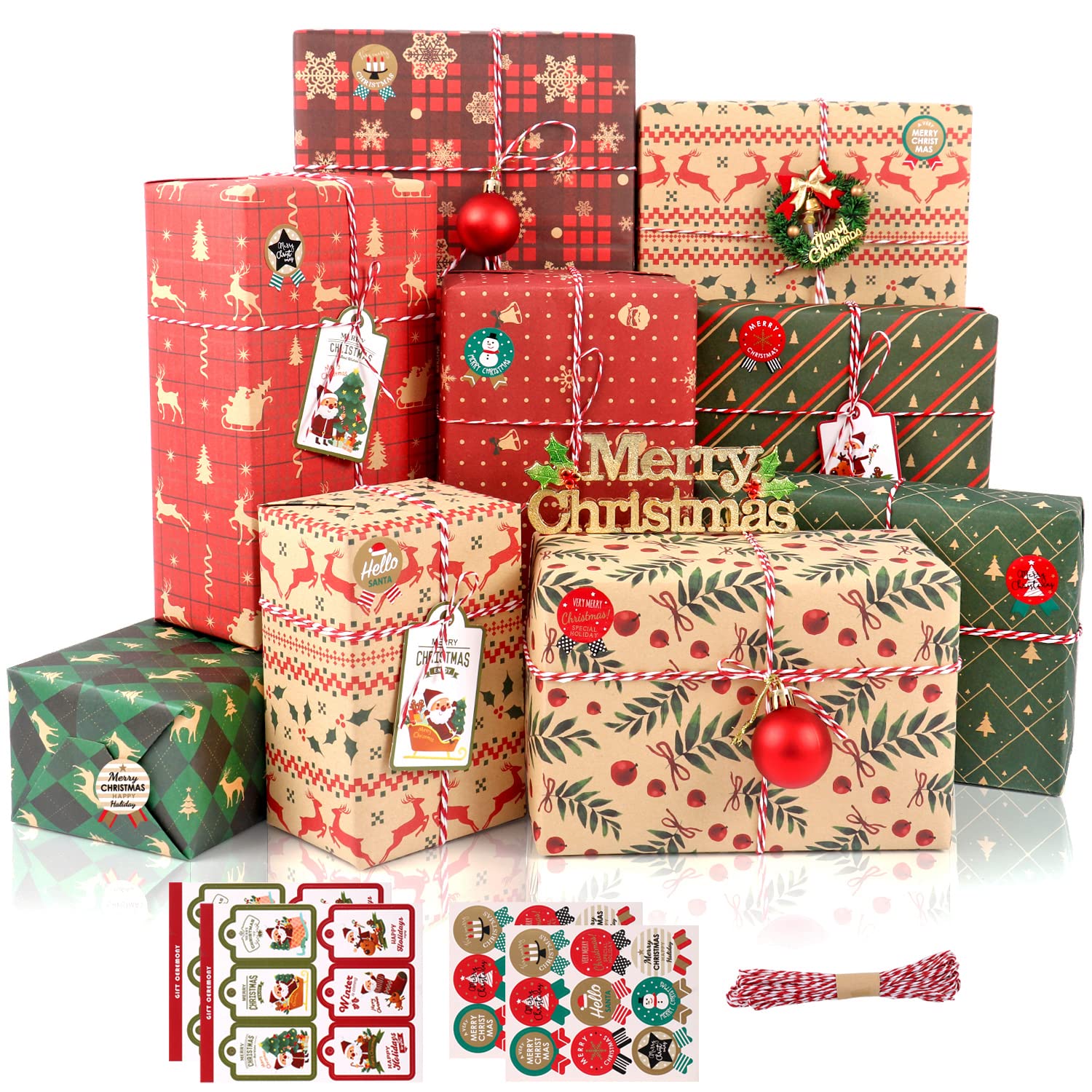 Christmas Wrapping Paper, 12 Sheets Red Green and Brown Vintage Kraft Christmas Wrapping Paper with Tags Stickers for Xmas Party Present Wrapping, 70CM x 50CM