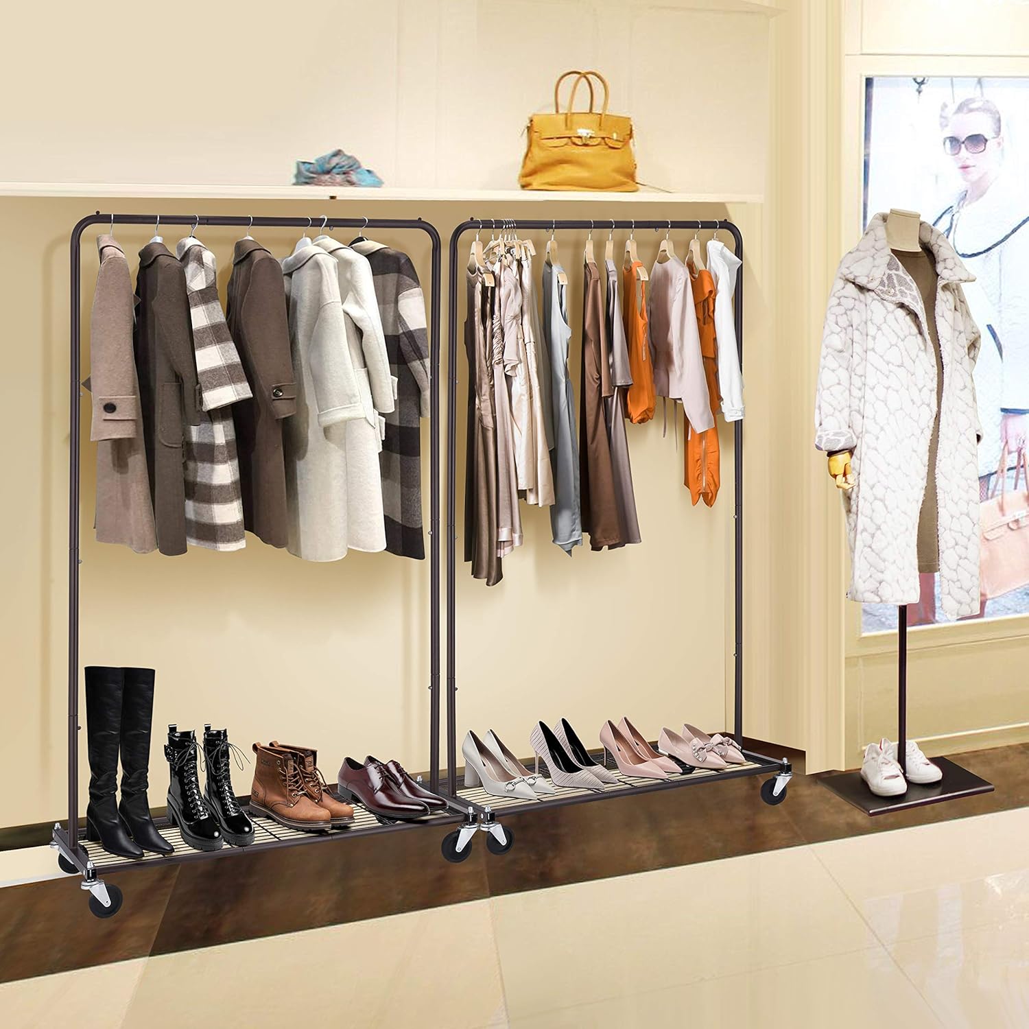 Simple Trending Industrial Pipe Clothes Garment Rack, Commercial Clothing Rolling Rack with Mesh Storage Shelf on Wheels, Bronze: Home Improvement