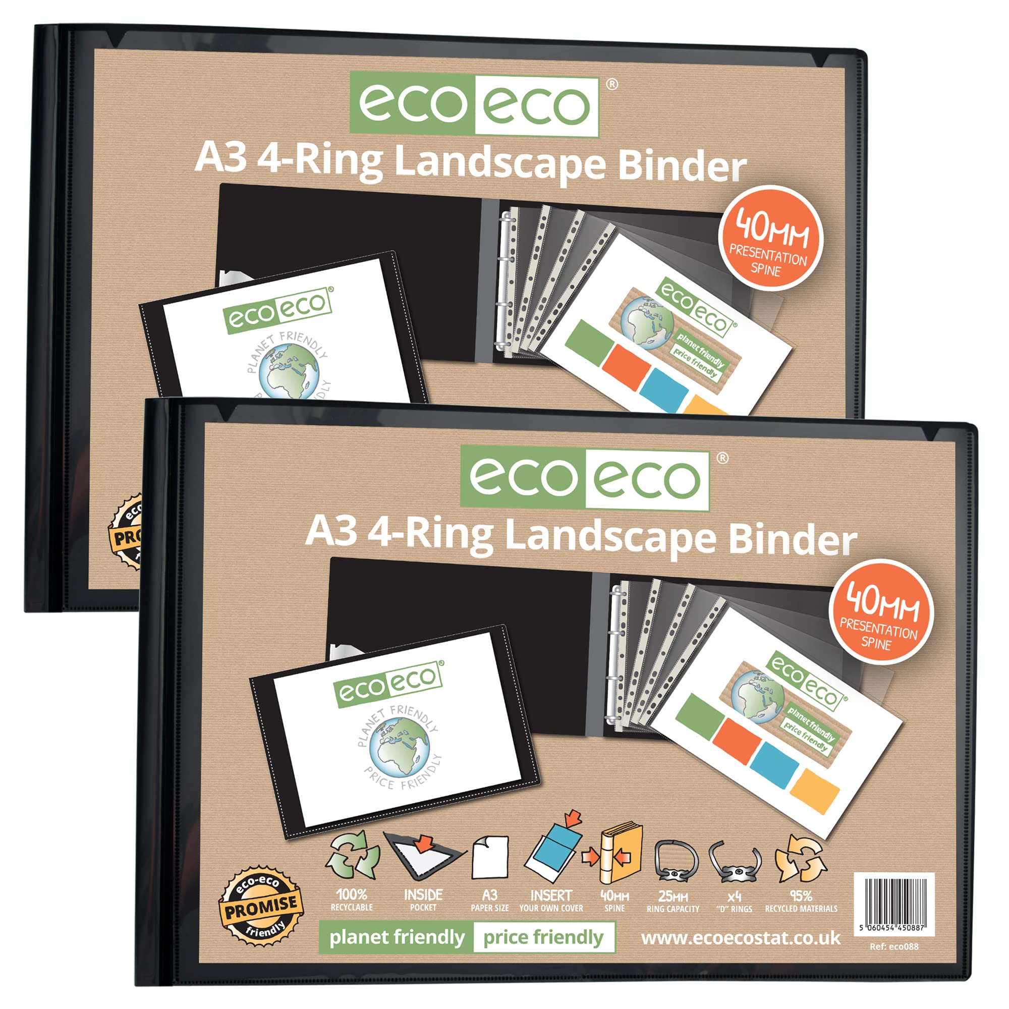 eco-eco A3 95% Recycled 4-D Landscape Ring Binder File Folder Black, Artwork Portfolio, Pack of 2 Folders, eco088x2