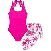 Tomolant Girls Swimsuit Halter Neck One Piece Bathing Suit with Tropical Printed Cover Up Skirt Girls' Swimwear Set 7-18Y