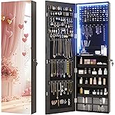 Vlsrka 47.2" LED Jewelry Armoire Organizer, Wall/Door Mounted with Full Length Mirror, Large Storage Hanging Cabinet, 4 Drawers, 5 Shelves, Built-in Lighted Mirror (Wood Black)