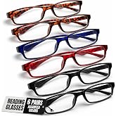 Boost Eyewear 6 Pack Reading Glasses, Traditional Frames in Black, Tortoise Shell, Blue and Red, for Men and Women, with Comfort Spring Loaded Hinges, Assorted Colors, 6 Pairs (+1.00)