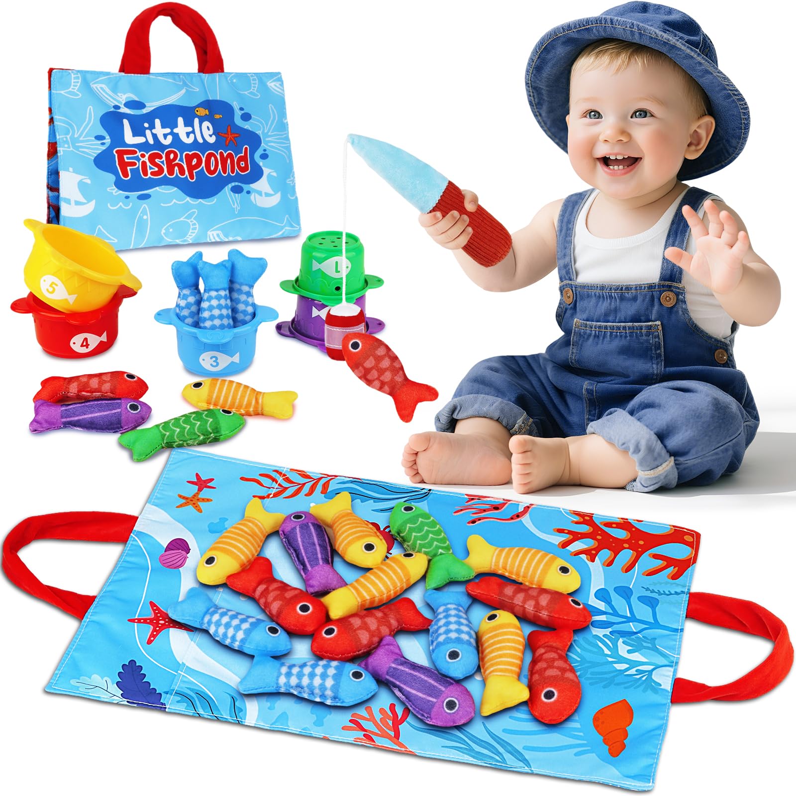 Arovan Montessori Toys for 1 Year Old Boy Girl Birthday Gift - Toddler Toys Cloth Fishing Game with Stacking Cups 1-3 - Number Counting Color Sorting Learning Baby Toy 12-18 Months
