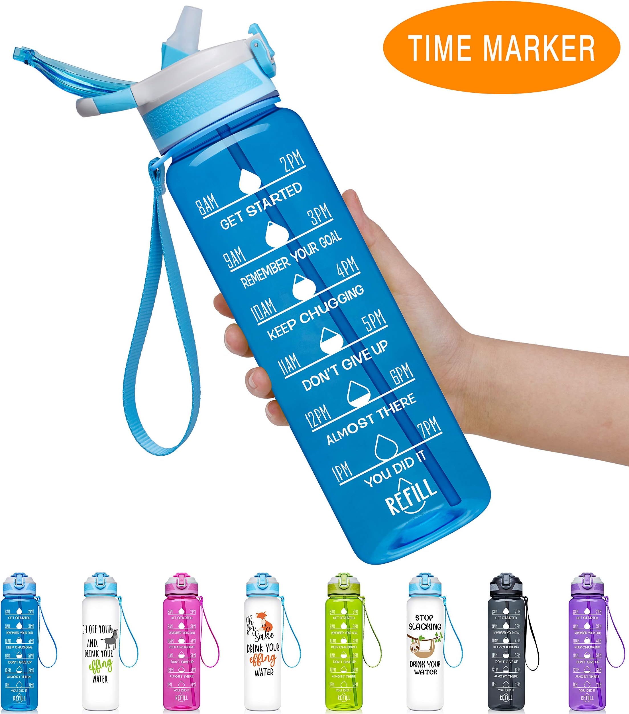 Pop V Giotto 32oz Large Leakproof BPA Free Drinking Water Bottle with Time Marker & Straw to Ensure You Drink Enough Water Throughout The Day for Fitness and Outdoor Enthusiasts-Blue