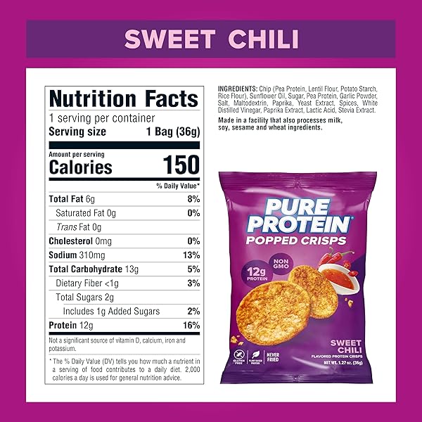 PURE PROTEIN POPPED CRISPS, SWEET CHILI, HIGH PROTEIN SNACK, 12G PROTEIN, 1.27OZ., 12 COUNT