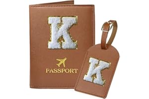 COSHAYSOO Brown Initial Passport Cover Holder and Luggage Tag Set TSA Approved with Chenille Letter Patch for Women Teenage Girls, Traveling Necessities Supply Unique Bag Suitcase Identifier (K)