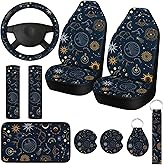 Tallew 10 Pcs Sun and Moon Car Seat Covers with Car Steering Wheel Cover Cup Holder Keyring Armrest Pad Seat Belt Pads Wrist Strap Decor Accessories for Vehicle, Sun and Moon Style