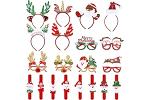 JOTESNEW 20 Pcs Glitter Christmas Glasses Frames, Christmas Headbands and Christmas Slap Bracelets Set for Christmas Party Favors, Santa Claus Reindeer Unicorns Iso-element Christmas Decorations Accessories