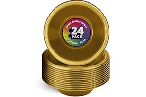 DecorRack 24 Small Plastic Bowls, 7 inch Disposable 12 oz Serving Bowl, Fruit Snack, Popcorn, Soup, and Salad, Kids Birthday and Holiday Party Supplies, Gold (Pack of 24)