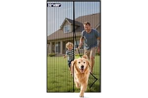 Kitsure Magnetic Screen Door - 32.0 x 80.0 in Retractable Screen Door Mesh for Front Door or Sliding Door, Pet & Kid Friendly, Hands-Free Closure Keeps Bugs Out & Lets Breeze in, Stripe Black