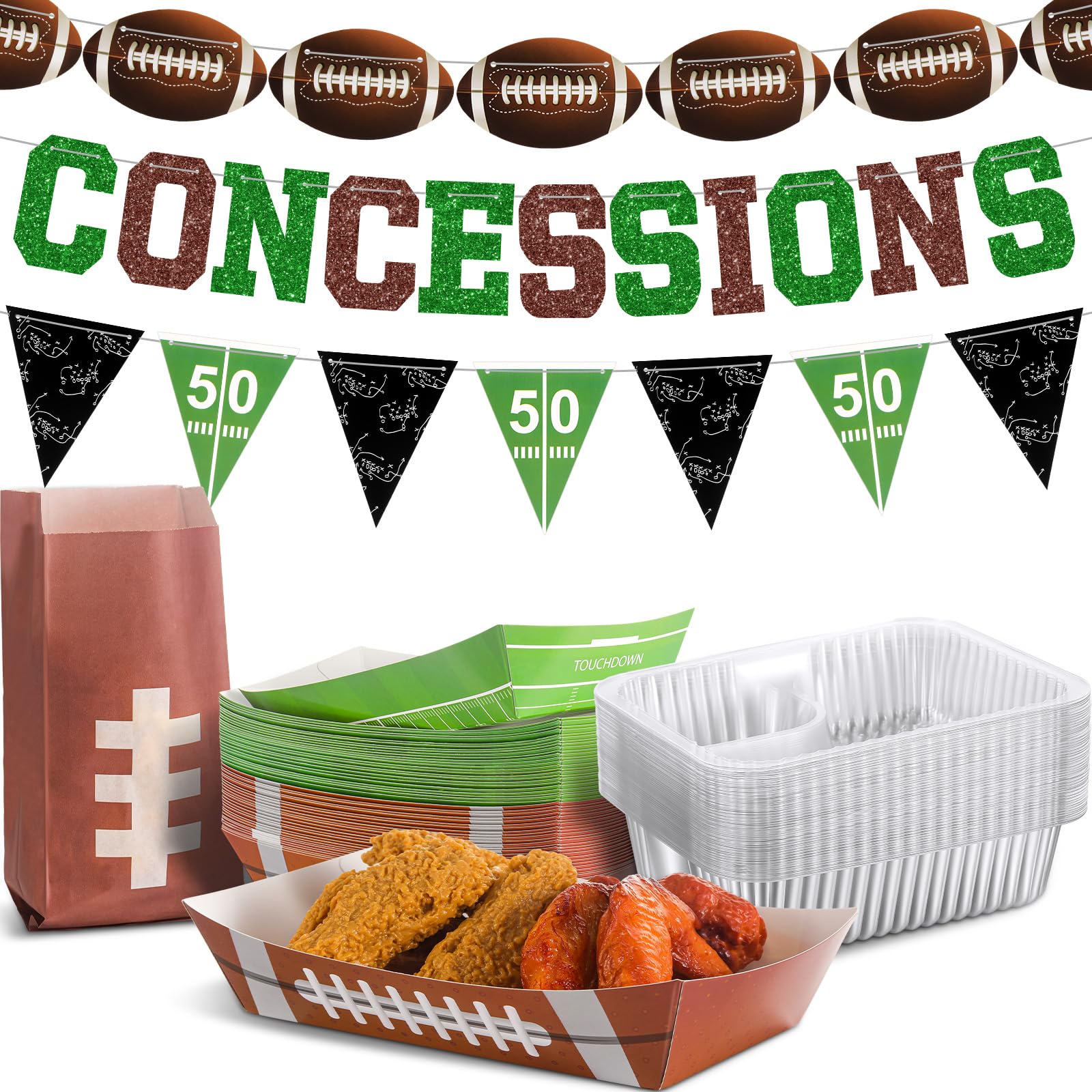 Photo 1 of 153 Pcs Football Birthday Party Supplies Football Concession Stand Decorations 3 Banner 50 Set Food Boats Popcorn Bags Plastic Nacho Trays for Sport Birthday Party Decor Tailgate Game Day Touchdown