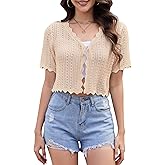 YUURQTY Women's Lightweight Short Sleeve V-Neck Button Down Cardigan Trendy Knit Hollowed-Out Shrugs Sweater