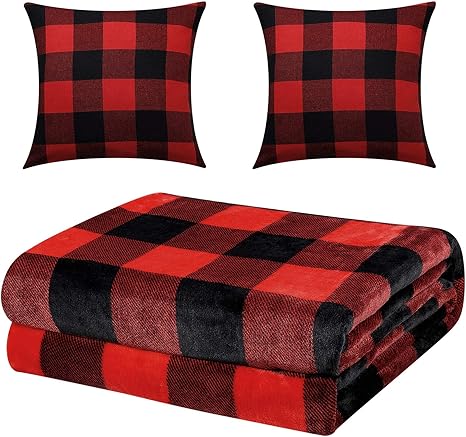 Amazon Com 60 X 80 Inches Buffalo Plaid Throw Blanket Flannel Fleece Throw Blanket Checkered Soft Blankets With 2 Pieces 18 X 18 Inches Pillow Covers For Christmas Home Decor Red And Black