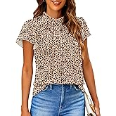 SimpleFun Women Boho Shirts Floral Ruffle Short Sleeve Mock Neck Flowy Casual Summer Blouses Tops