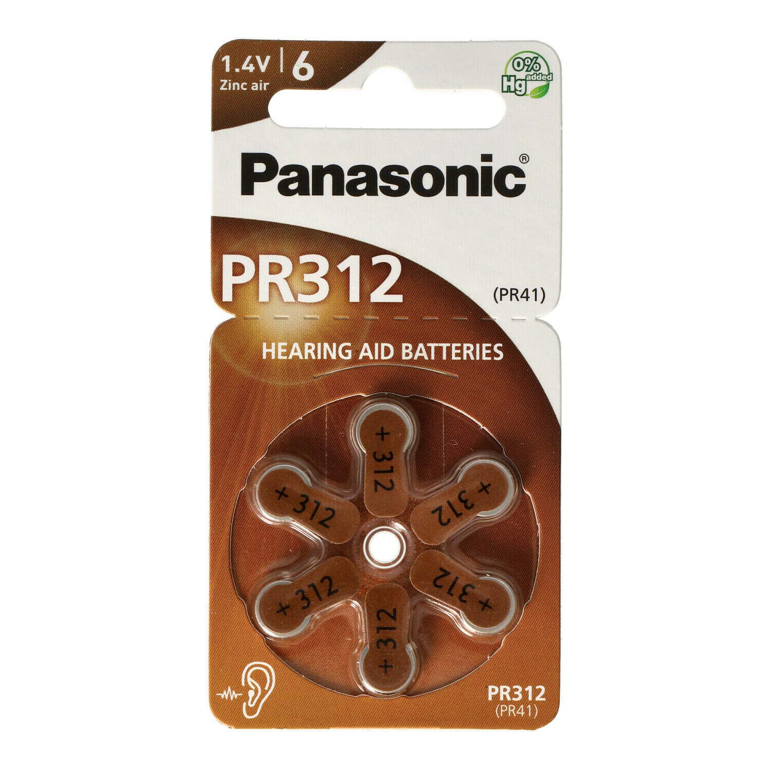 Panasonic PR312 (PR41) Hearing Aid Batteries Zinc Air 6 x 10 (60 pieces)