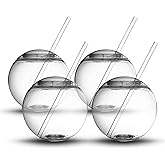 Fish Bowl for Drinks - Sphere Shaped Durable Drinking Party Cups with Cover, 4-Pack (22 oz) - Fun, Unique Design Sits Flat, 4 Straws Included - Great for Dinner and Cocktail Parties and Outdoor Use