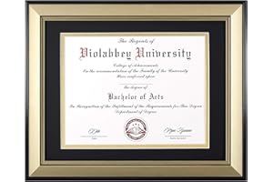 VIOLABBEY 8.5x11 Diploma Frame Light Gold, 8.5 x 11 Certificate Frame with Mat or 11x14 College Degree Frames without Mat, Wall or Tabletop Display, Tempered glass (Matte Black Gold Double Mat)