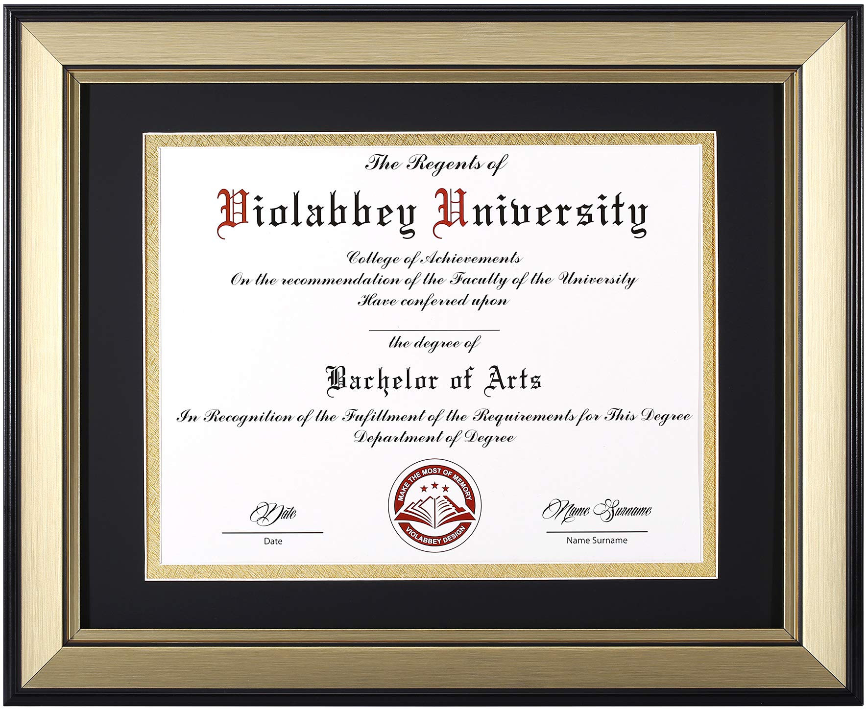 Photo 1 of VIOLABBEY 8.5x11 Diploma Frame Light Gold, 8.5 x 11 Certificate Frame with Mat or 11x14 College Degree Frames without Mat, Wall or Tabletop Display, Tempered glass (Matte Black Gold Double Mat)