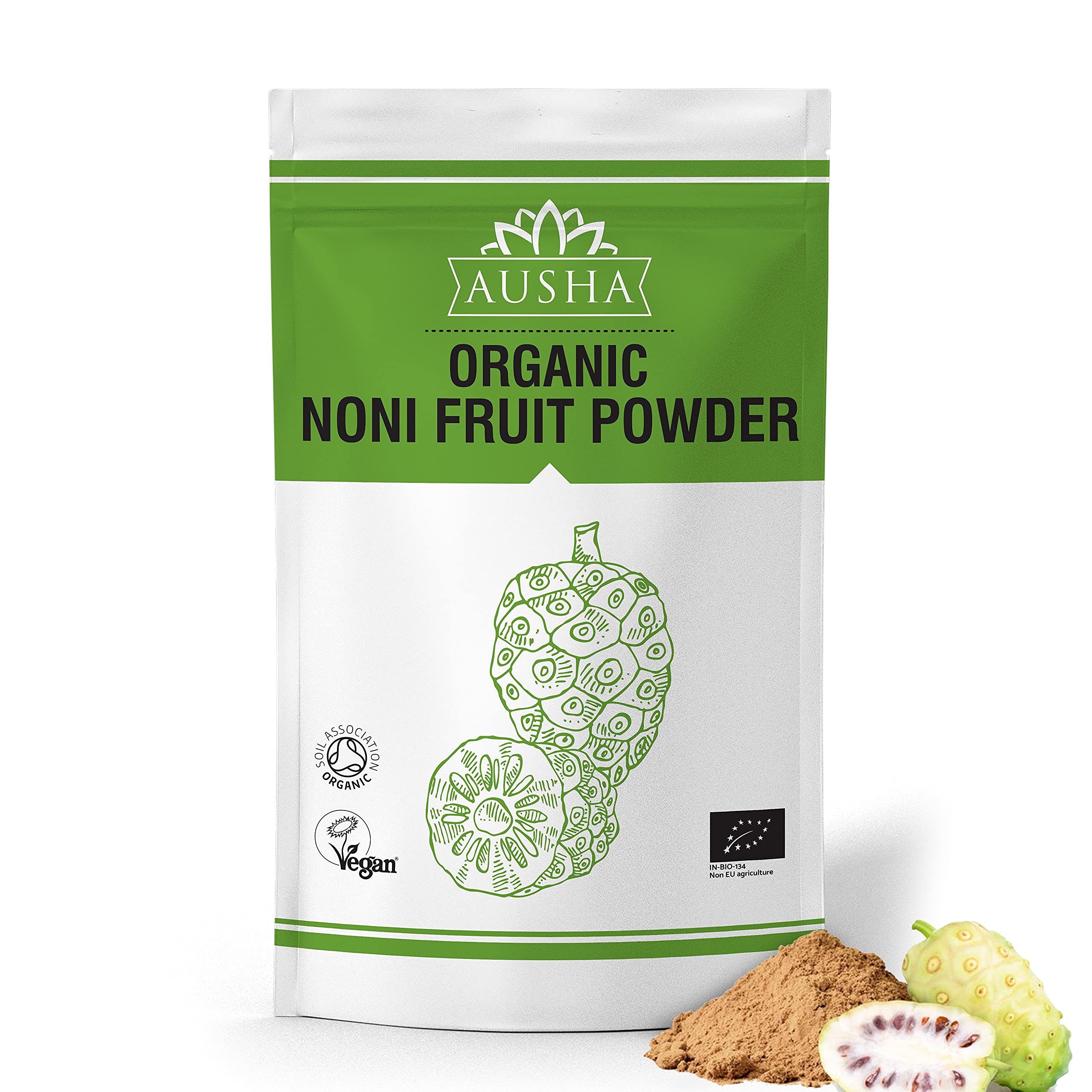 Ausha Organic Noni Fruit Powder (Morinda Citrifolia) 100g (Vitamin C,Anti Ageing,Noni Juice,Overall Wellness) - Certified Organic by Soil Association