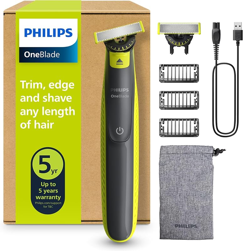 OneBlade 360 Face - elektrischer Rasierer & Trimmer, 2x 360 Klingen, 3x Trimmaufsätze (1/3/5mm), Nass- & Trockenrasur, Akku-USB, fürs Gesicht (QP2724/31)