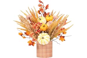 SY Super Bang Fall Decor, 12" Artificial Yellow/White Pumpkin Berry Maple Tree Table Decorations, for Autumn Halloween Thanksgiving Home Farmhouse Harvest Holiday Party Centerpieces Decor.