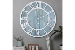 1st Owned Wall Clock for Home Decor,24" Blue Wood,Battery Operated,Silent Non Ticking,Simple Minimalist Roman Numbers Decorat
