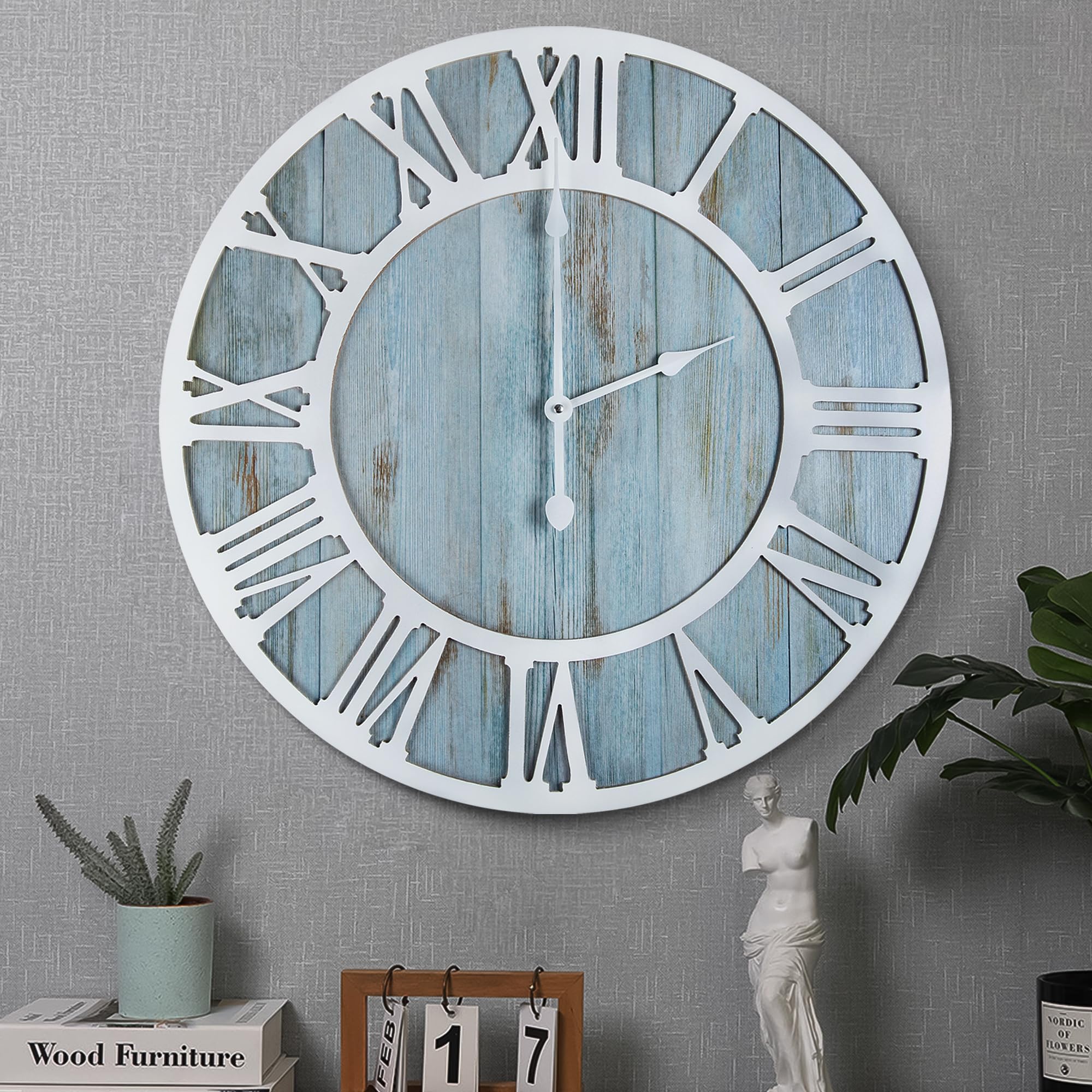 Photo 1 of 1st owned Wall Clocks for Living Room Decor,24" Vintage,Round Silent Non Ticking,Black Metal,Modern Wood Clocks for Home Bedroom,Kitchen,Garden,Office,Cafe,Modern Wall Decoration -Roman Numerals