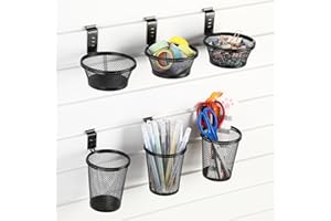 Affrolling 6 Sets Slatwall Cups with Hook Loops Mesh Steel Slat Wall Bin Pencil Holder Slatwall Accessories Paperclip Organizer Holders for Tools Storage Workshop Garage Workbench