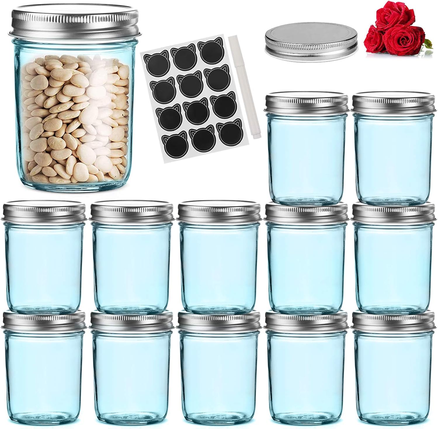 LovoIn 12 Pack 16 oz Wide Mouth Glass Jars with Silver Metal Airtight Lids (12-Pack), Fashioned Mason Jars for Baby Foods, Jams, Jellies, Fruit Syrups, Body Milk, Pizza Sauce - Blue